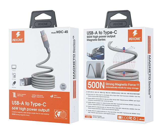 Wekome Magneto Series Magnetic Data Cable USB A to Type-C 1m 66W (WDC-45) Grey