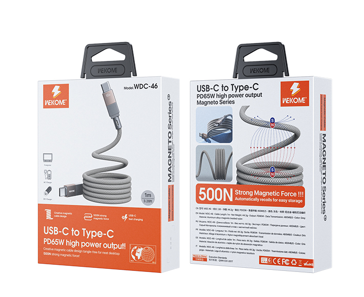 Wekome Magneto Series Magnetic Data Cable Type-C to Type-C 1m 65W (WDC-46) Grey