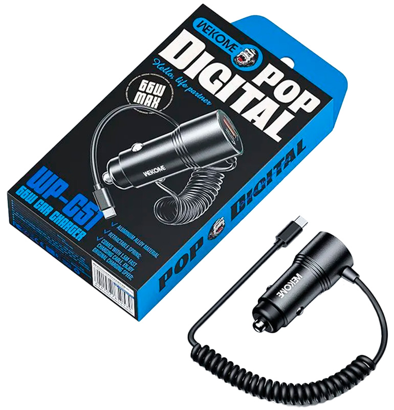 Wekome Pop Digital Series 66W Cabled Fast Car Charger (WP-C51) Black