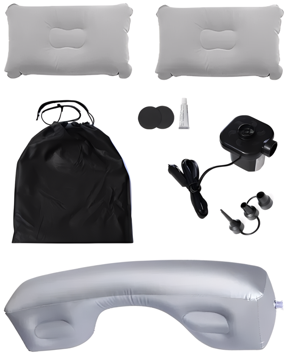 CARCAM Inflatable Auto Airbed, Two Pillows, Auto Air Pump, Repair Kit, 175x155 cm. (CCMTE134) Gray