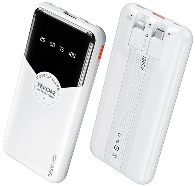 Wekome Pop Digital Series Gen3 22.5W Cabled Super Fast Charging Power Bank 10000 mAh (WP-59) White