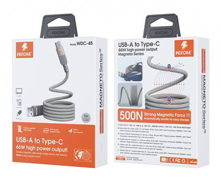Wekome Magneto Series Magnetic Data Cable USB A to Type-C 1m 66W (WDC-45) Grey
