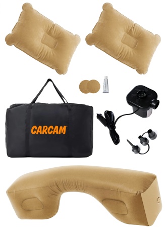 CARCAM Inflatable Auto Airbed, Two Pillows, Auto Air Pump, Repair Kit, 175x155 cm. (CCMTE134) Brown