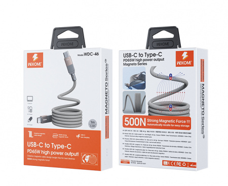 Wekome Magneto Series Magnetic Data Cable Type-C to Type-C 1m 65W (WDC-46) Grey